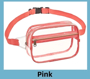 Detail of pink transparent PVC waist bag showing adjustable nylon strap and zipper