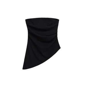 Slim fit black tube top with trendy asymmetrical hem and ruched details for women