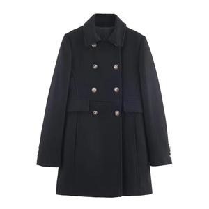 Women's classic black double-breasted wool blend coat with elegant silver metal buttons