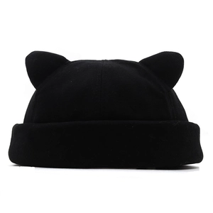 Detailed close-up of a black cotton docker hat featuring cute 3D decorative cat ears