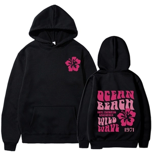 Women's black surfing hoodie with pink floral print, front and back view on white background