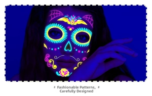 Detail of neon Halloween Day of the Dead face tattoo stickers with sugar skull patterns