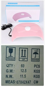Pink 52W mini LED nail lamp with power cable and English packaging box including shipping details