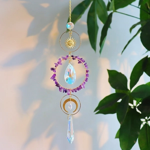 Rainbow crystal suncatcher with amethyst stones and metal sun moon charms for garden decor
