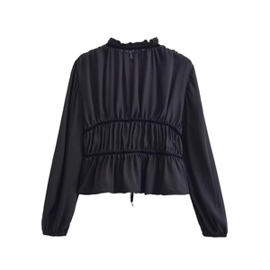 French style black long sleeve blouse with elegant bow detail and ruffled high neck