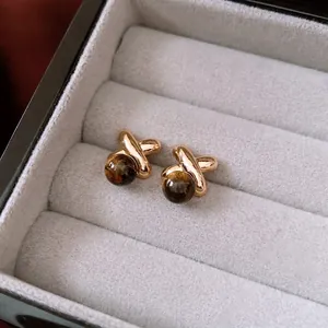 Tiger's Eye Stud Earrings With Silver Earring Post 18K Gold Plated X Shape Geometric Vintage Maillard Style Jewelry For Women
