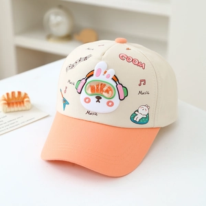 Detail of kids baseball cap with cartoon rabbit patch and vibrant orange brim
