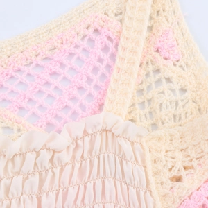 Cropped knit camisole with beige hollow crochet and pink smocked texture detail