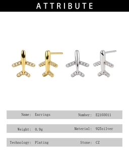Technical details of s925 silver airplane stud earrings with cubic zirconia stones