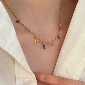 Rainbow Zircon Pendant Necklace 14K Gold Plated Alloy With Colorful Geometric Crystals For Women Girls Jewelry