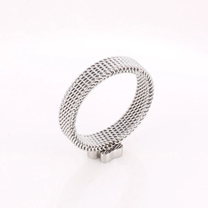 Detailed view of silver mesh woven ring featuring unique industrial stainless steel texture