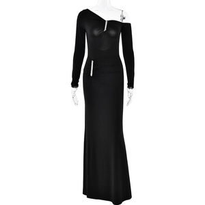 Elegant black one-shoulder long sleeve maxi dress with rhinestone buttons and ruching