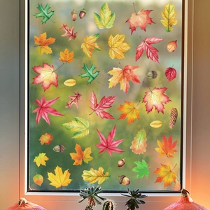 Autumn maple leaf window static clings with watercolor foliage design for Thanksgiving
