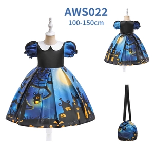 Three-view detail of girl Halloween dress with castle, pumpkin prints and matching pouch