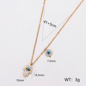 Gold stainless steel necklace with crystal-set Evil Eye and Hand of Fatima pendants