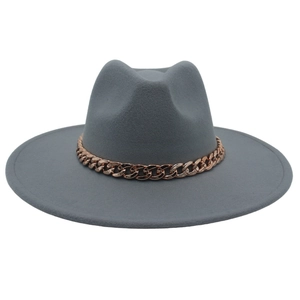 Dark grey wide-brimmed felt fedora hat featuring a rose gold acrylic chain decoration
