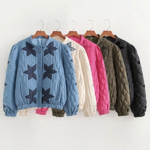 Detail of star embroidery and diamond quilting on multi-color padded jackets