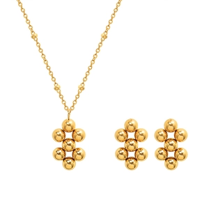 Gold geometric bead choker necklace and earrings jewelry set for women on white background