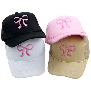 Bow embroidery trucker hats in black white pink and khaki with breathable mesh