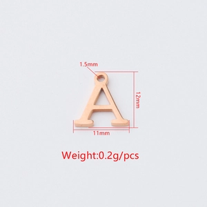 Detail view of a rose gold letter A pendant showing exact 12mm height and 11mm width dimensions