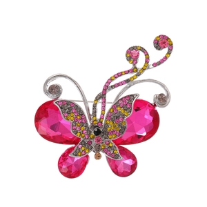 Sparkling pink crystal butterfly brooch with colorful rhinestones and silver plating