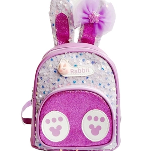 Purple sequin rabbit ear backpack for girls with cartoon bow and glitter finish