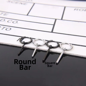 Detail view of titanium steel clip-on earrings in black and silver cylinder and square styles