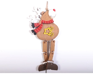 Detail of wooden Christmas reindeer ornament with red scarf and dangling legs hanging on rope