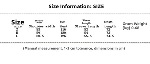Detailed size chart for women's padded jacket with shoulder and chest measurements