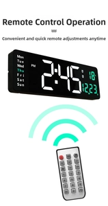 Vista macro del reloj de pared LED de 16 pulgadas con hora, fecha, temperatura y control remoto