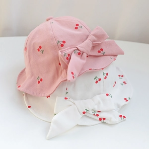 Baby Fisherman Hat Cotton Cherry Print Big Bow Sun Protection Bucket Cap With Chin Strap Infant Toddler Girls Boys