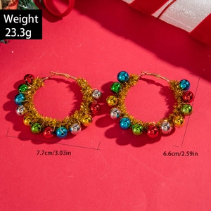 Christmas wreath earrings with colorful bells on gold rings for festive holiday jewelry