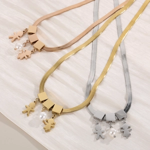 Flat snake bone chain necklaces in rose gold, gold and silver with pearl boy girl pendants