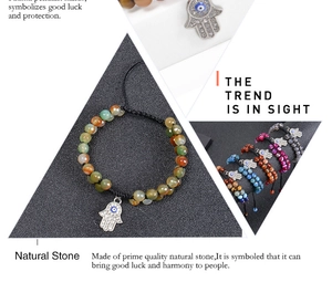 Detailed views of multi-color natural stone beaded Hamsa hand and Evil Eye bracelets