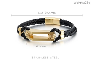 Detail of black woven leather bracelet with golden stainless steel buckle and dimensions