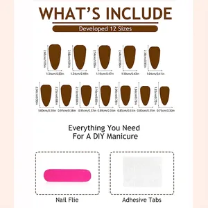 Size chart for leopard French almond press-on nails with 12 sizes and tool kit specs
