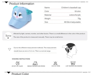 Detailed size chart for kids baseball cap with adjustable strap and care instructions
