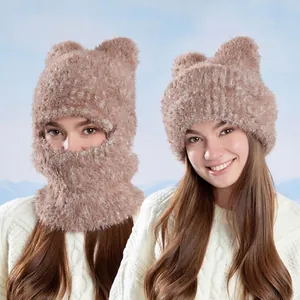 Winter Warm Balaclava Hat With Cat Ears Faux Fur Windproof Face Mask Neck Gaiter Knitted Outdoor Skiing Cap For Women