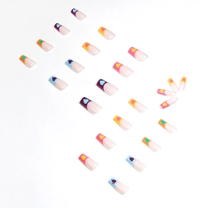 Rainbow French heart press on nails set with colorful tips and nude base in square shape