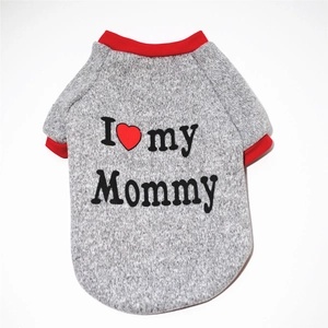 Close-up of gray fleece dog sweatshirt with I Love My Mommy print and red ribbed edges