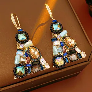 Retro Bohemian Triangle Drop Earrings Copper With Zircon Multi Color Crystal Steel Earring Post Jewelry For Women