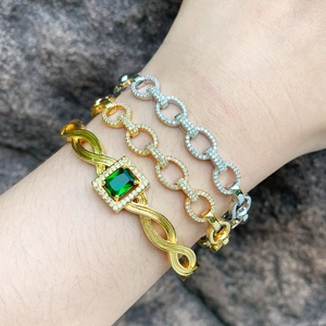 Geometric Zirconia Open Bangle Bracelet For Women Vintage Copper Gold Plated Twisted Rope Green Stone Minimalist Jewelry Gift