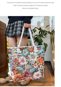 Detail of floral embroidery on canvas tote bag with rustic white rope handles