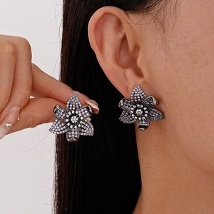 Vintage Purple Flower Stud Earrings Copper Zircon Jewelry With 925 Sterling Silver Earring Post For Women Light Luxury