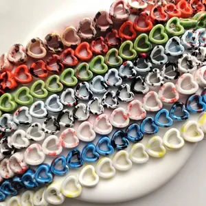Handmade hollow heart ceramic beads with ink wash texture for DIY jewelry making
