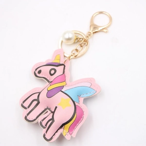 Pink PU leather unicorn keychain with rainbow mane, golden star pattern and pearl charm