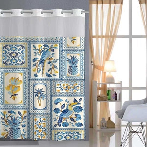 Detail of waffle weave shower curtain with tropical birds and silver metal grommets