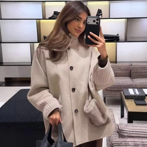 Women Woolen Mid-Long Coat Standing Collar Knit Patchwork Cuffs Faux Fur Pockets Single-Breasted Loose Casual Outerwear