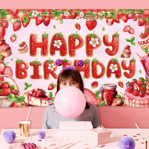 Pink checkered strawberry happy birthday banner with cute cupcake and fruit illustrations