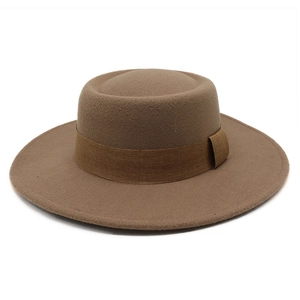 Flat top wool felt boater hat with wide brim and dark brown decorative band detail